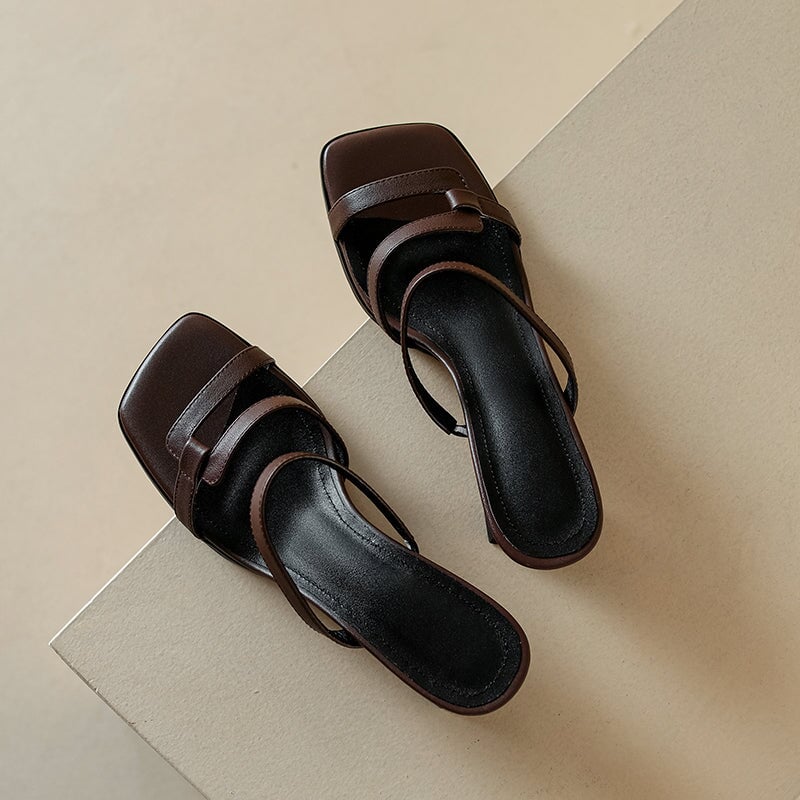 Fashion Cow Leather Kitten Heel Sandals Elegant 45mm Summer Slide Heels in Red/Brown
