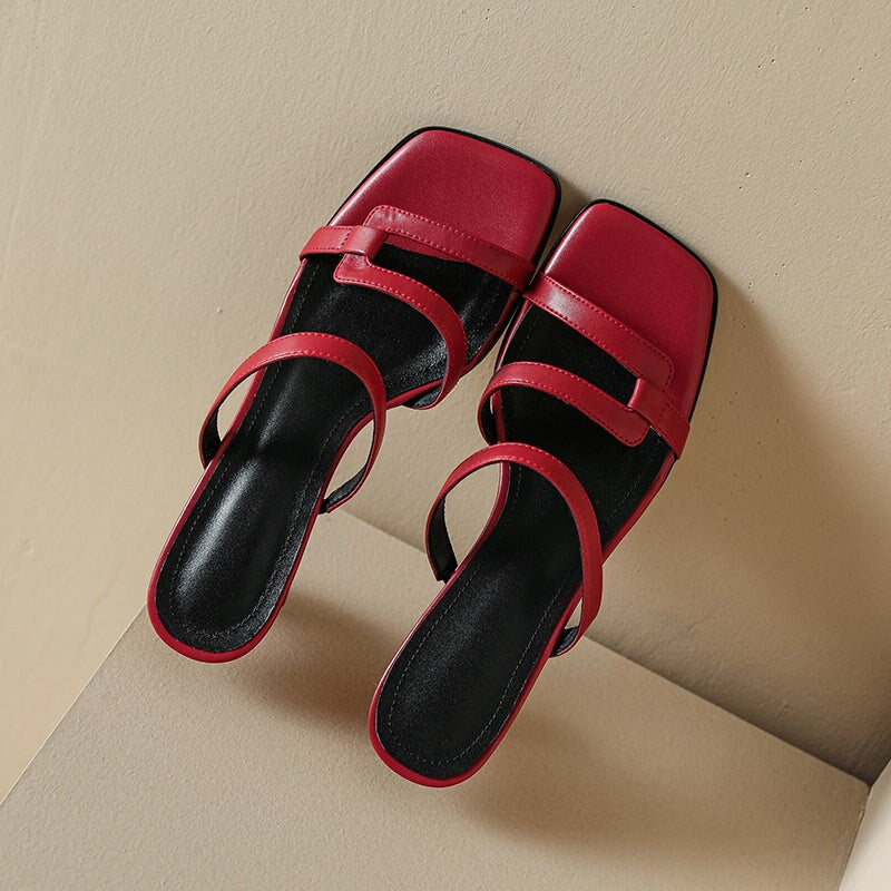 Fashion Cow Leather Kitten Heel Sandals Elegant 45mm Summer Slide Heels in Red/Brown