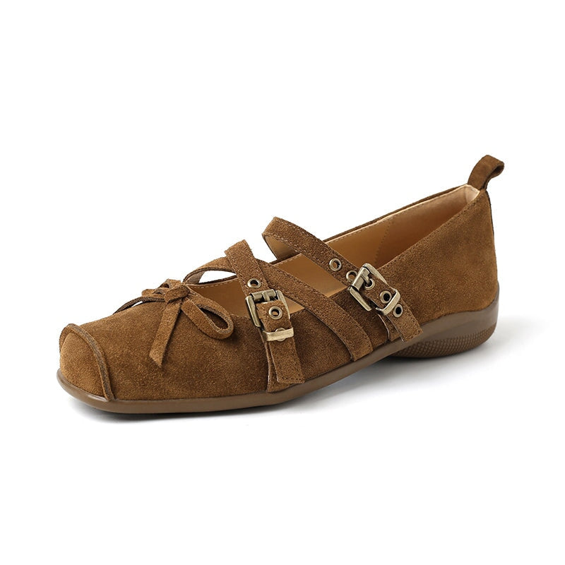 Fashion Design Suede Leather Square Toe X-Strap Mary Jane Flats with Bow Detail in Red/Brown