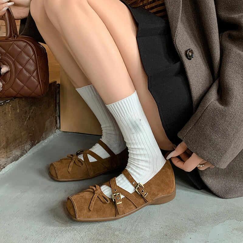 Fashion Design Suede Leather Square Toe X-Strap Mary Jane Flats with Bow Detail in Red/Brown