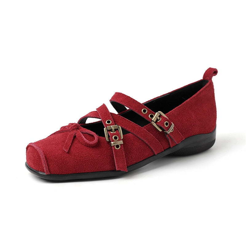 Fashion Design Suede Leather Square Toe X-Strap Mary Jane Flats with Bow Detail in Red/Brown