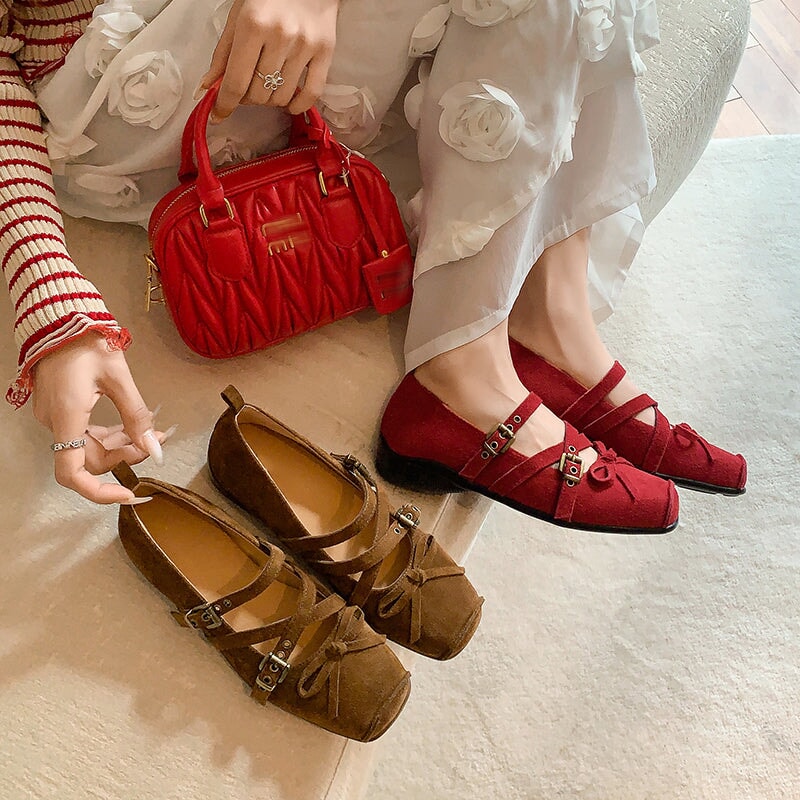 Fashion Design Suede Leather Square Toe X-Strap Mary Jane Flats with Bow Detail in Red/Brown