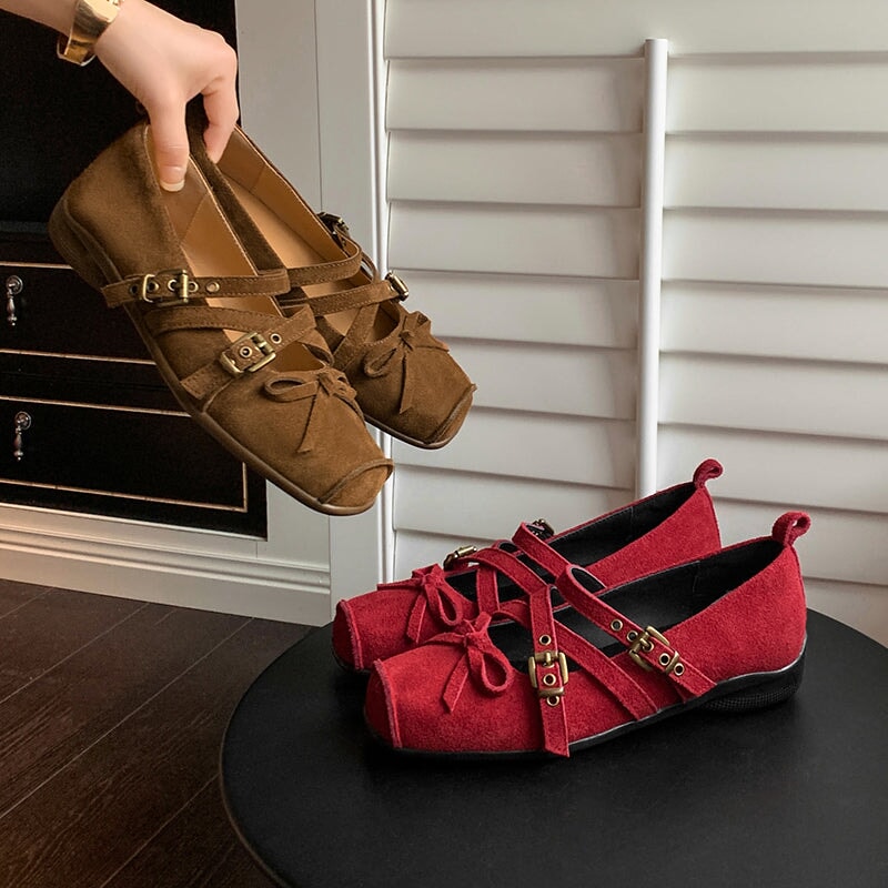 Fashion Design Suede Leather Square Toe X-Strap Mary Jane Flats with Bow Detail in Red/Brown