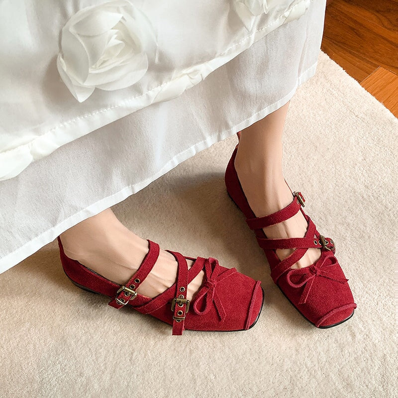 Fashion Design Suede Leather Square Toe X-Strap Mary Jane Flats with Bow Detail in Red/Brown