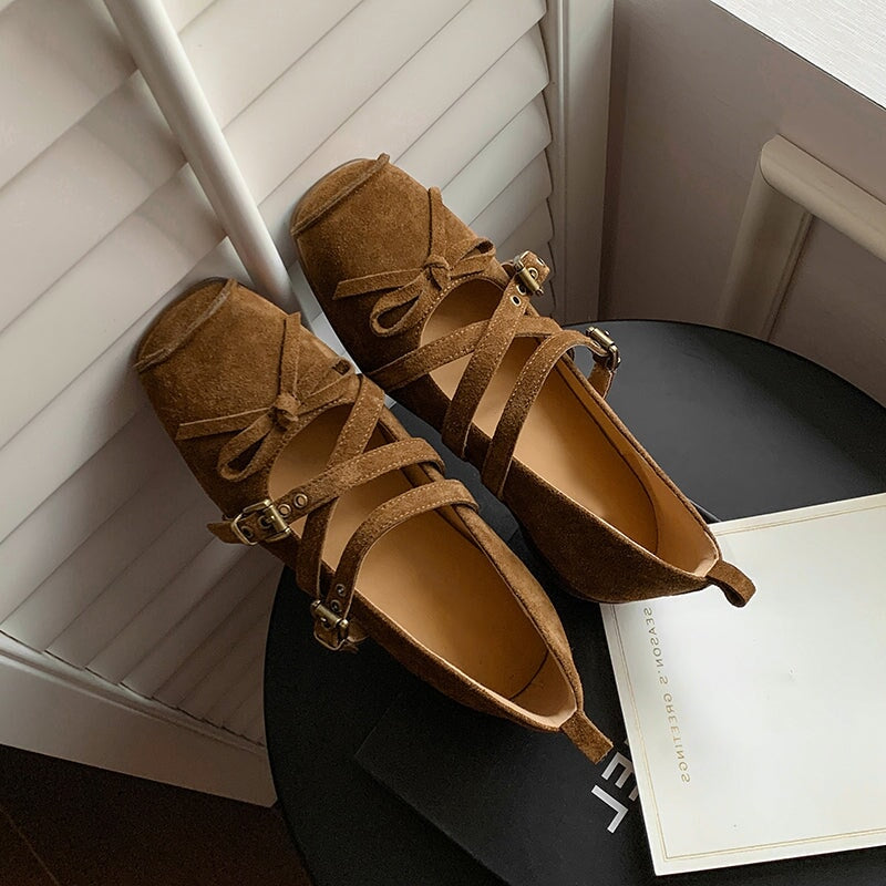Fashion Design Suede Leather Square Toe X-Strap Mary Jane Flats with Bow Detail in Red/Brown