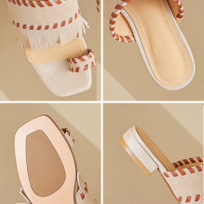 Fashion Fringe Toe Loop Slide Sandals Colorblock Suede Leather Slip-On Flats in Apricot/Black