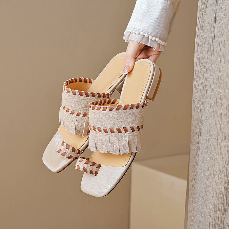 Fashion Fringe Toe Loop Slide Sandals Colorblock Suede Leather Slip-On Flats in Apricot/Black