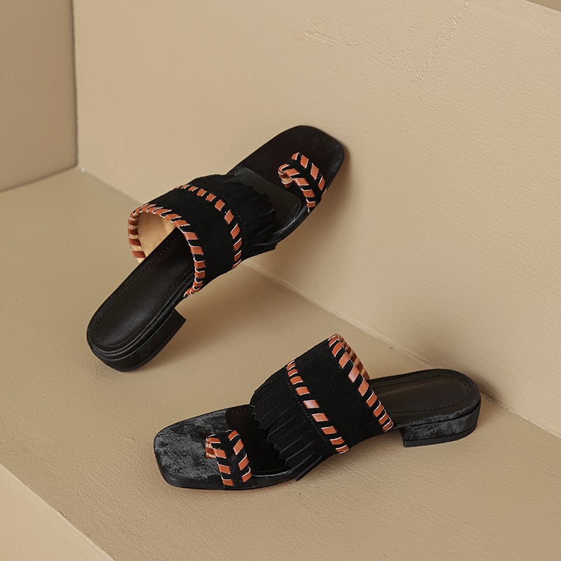 Fashion Fringe Toe Loop Slide Sandals Colorblock Suede Leather Slip-On Flats in Apricot/Black