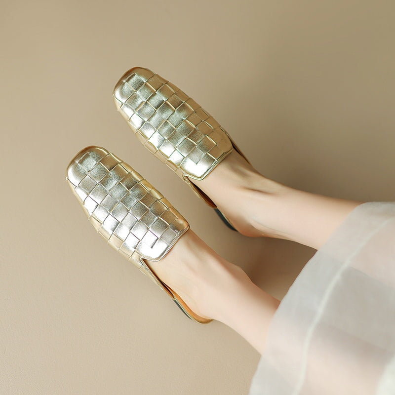 Fashion Genuine Sheepskin Woven Leather Mules Slippers for Women in Beige/Golden/Black