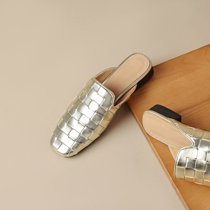 Fashion Genuine Sheepskin Woven Leather Mules Slippers for Women in Beige/Golden/Black