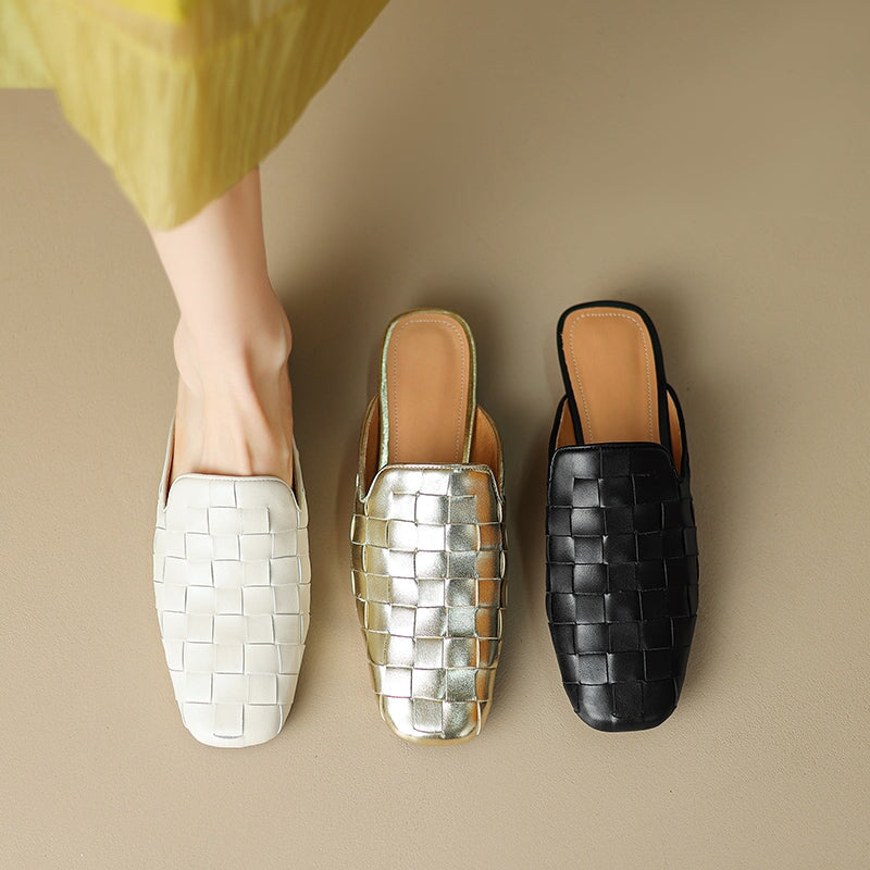 Fashion Genuine Sheepskin Woven Leather Mules Slippers for Women in Beige/Golden/Black