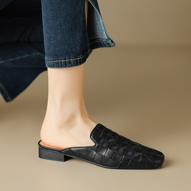 Fashion Genuine Sheepskin Woven Leather Mules Slippers for Women in Beige/Golden/Black