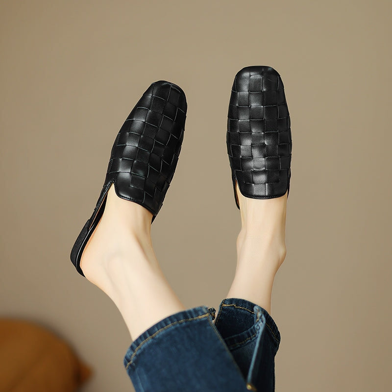Fashion Genuine Sheepskin Woven Leather Mules Slippers for Women in Beige/Golden/Black