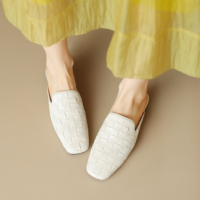 Fashion Genuine Sheepskin Woven Leather Mules Slippers for Women in Beige/Golden/Black