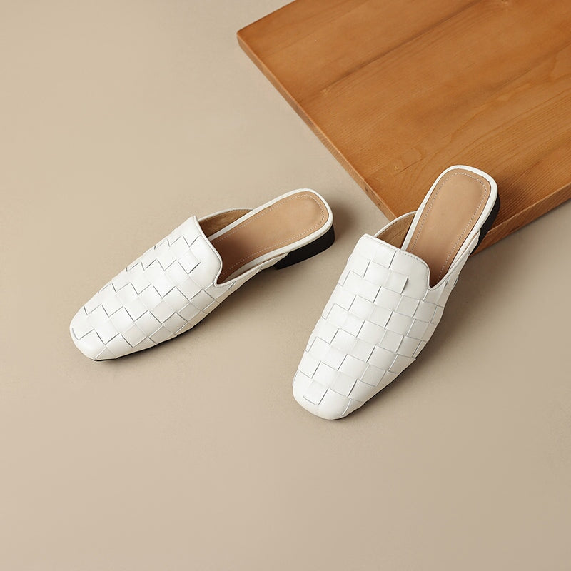 Fashion Genuine Sheepskin Woven Leather Mules Slippers for Women in Beige/Golden/Black