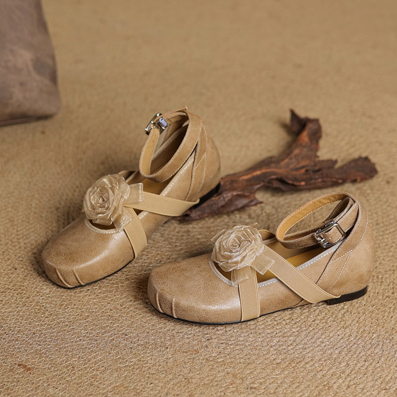 Fashion Leather Mary Jane Ballet Flats with Flower Decor and Hidden Lift in Beige/Light Brown/Purple