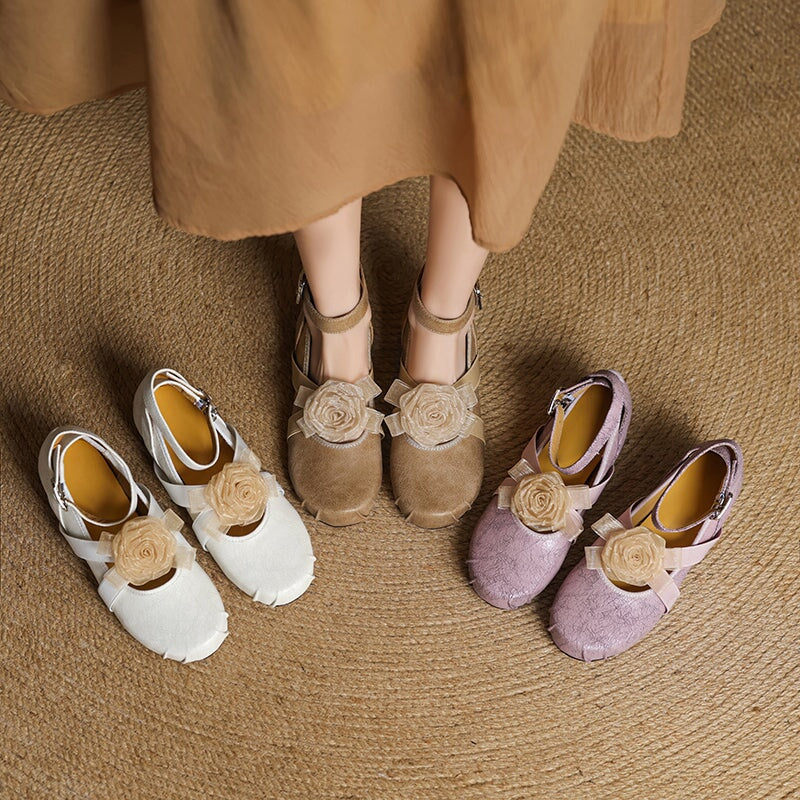 Fashion Leather Mary Jane Ballet Flats with Flower Decor and Hidden Lift in Beige/Light Brown/Purple