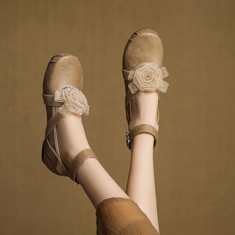 Fashion Leather Mary Jane Ballet Flats with Flower Decor and Hidden Lift in Beige/Light Brown/Purple