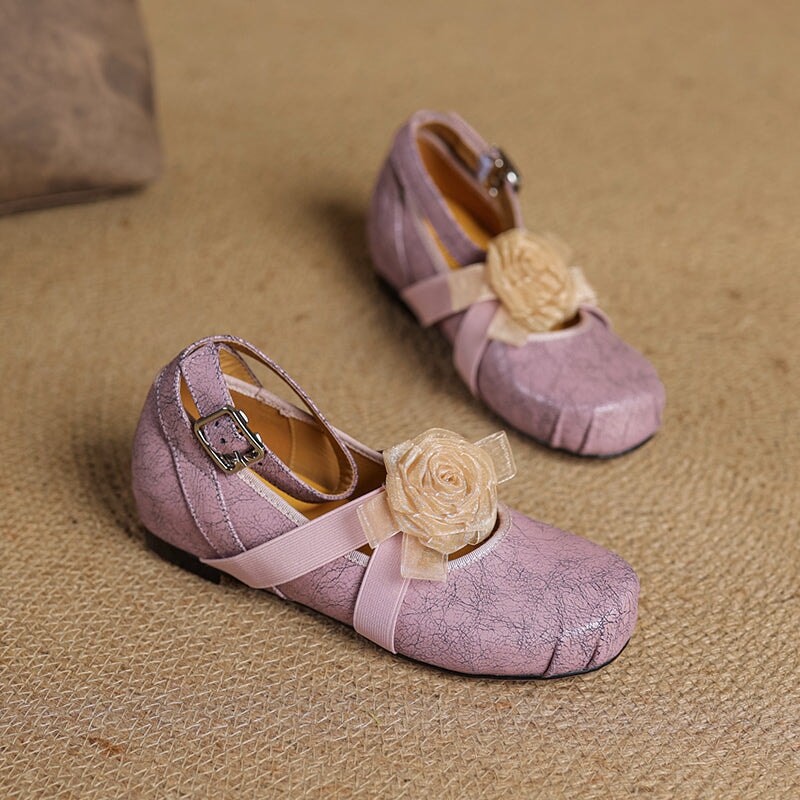 Fashion Leather Mary Jane Ballet Flats with Flower Decor and Hidden Lift in Beige/Light Brown/Purple