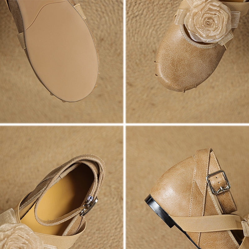 Fashion Leather Mary Jane Ballet Flats with Flower Decor and Hidden Lift in Beige/Light Brown/Purple