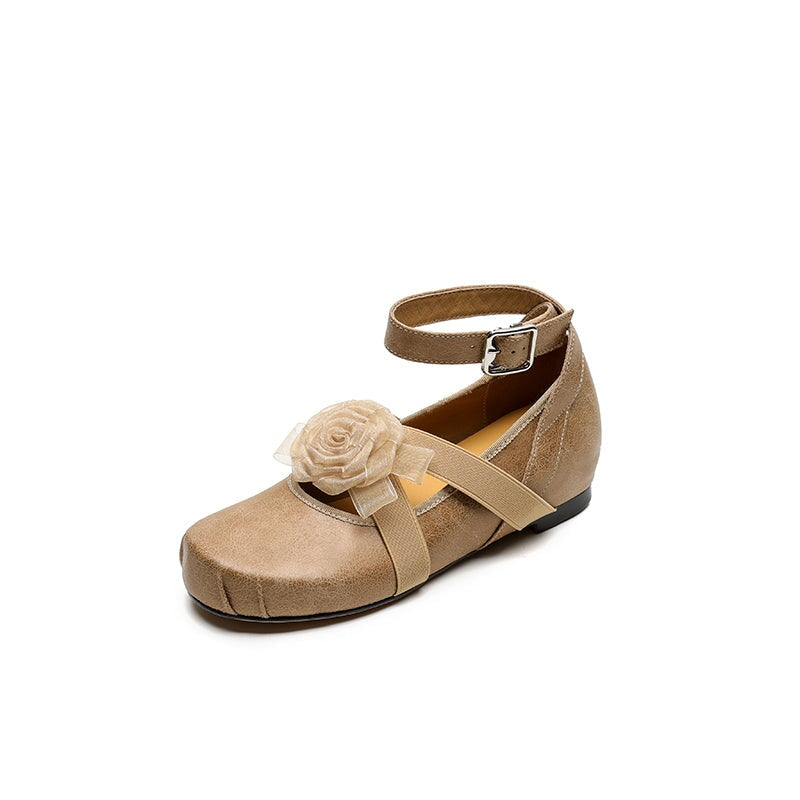 Fashion Leather Mary Jane Ballet Flats with Flower Decor and Hidden Lift in Beige/Light Brown/Purple
