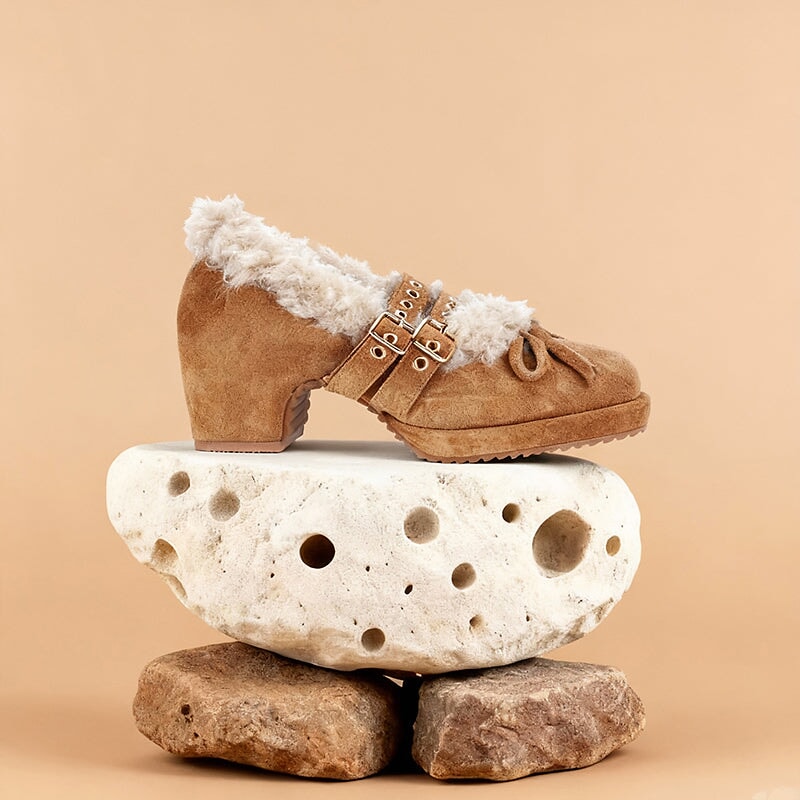 Fashion Shaggy Mary Jane Pumps Cow Suede Double-Buckle Studded Winter Shoes in Black/Dark Brown/Apricot