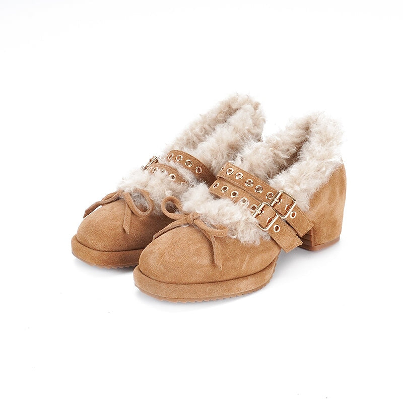 Fashion Shaggy Mary Jane Pumps Cow Suede Double-Buckle Studded Winter Shoes in Black/Dark Brown/Apricot