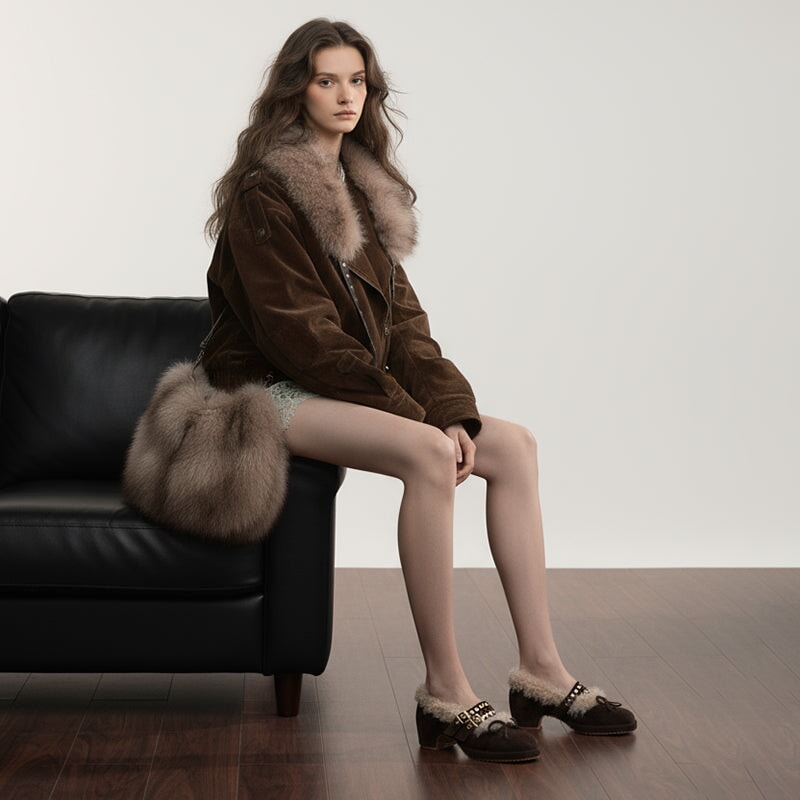 Fashion Shaggy Mary Jane Pumps Cow Suede Double-Buckle Studded Winter Shoes in Black/Dark Brown/Apricot