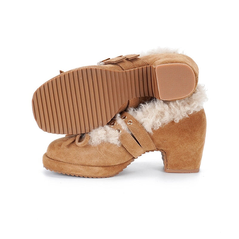Fashion Shaggy Mary Jane Pumps Cow Suede Double-Buckle Studded Winter Shoes in Black/Dark Brown/Apricot