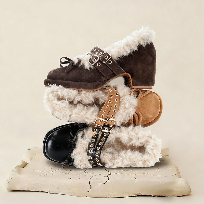 Fashion Shaggy Mary Jane Pumps Cow Suede Double-Buckle Studded Winter Shoes in Black/Dark Brown/Apricot