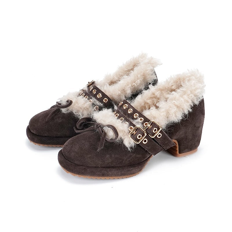 Fashion Shaggy Mary Jane Pumps Cow Suede Double-Buckle Studded Winter Shoes in Black/Dark Brown/Apricot