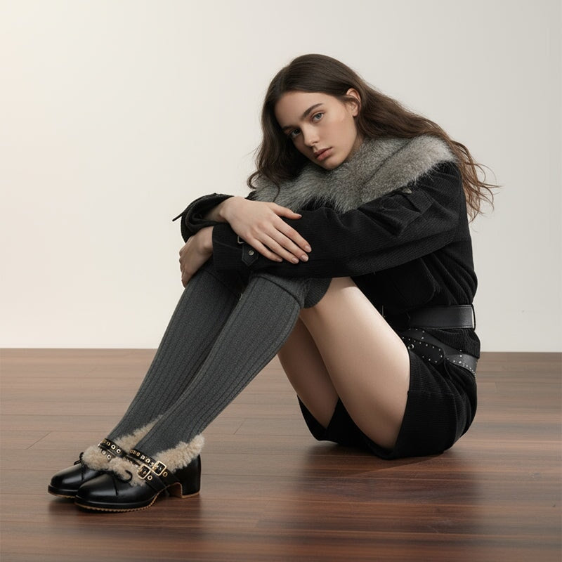 Fashion Shaggy Mary Jane Pumps Cow Suede Double-Buckle Studded Winter Shoes in Black/Dark Brown/Apricot