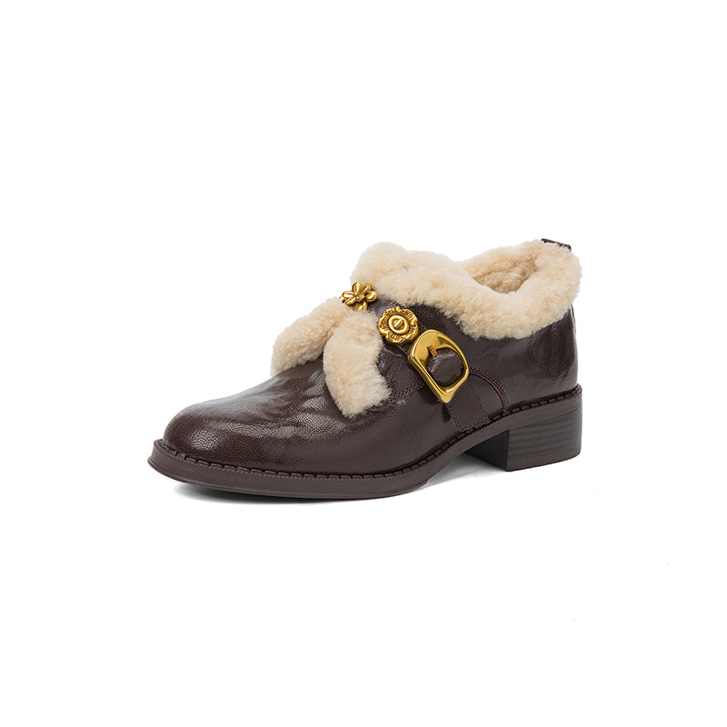 Fashion Shaggy Sheepskin Mary Jane Shoes with Metal Camellia Buckle in Black/Brown