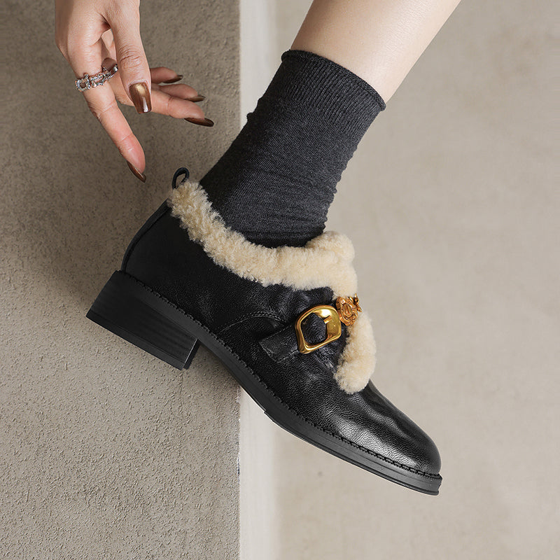 Fashion Shaggy Sheepskin Mary Jane Shoes with Metal Camellia Buckle in Black/Brown