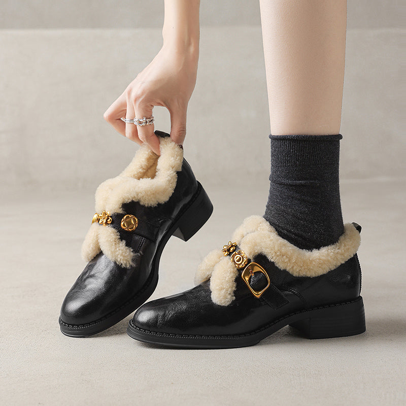 Fashion Shaggy Sheepskin Mary Jane Shoes with Metal Camellia Buckle in Black/Brown