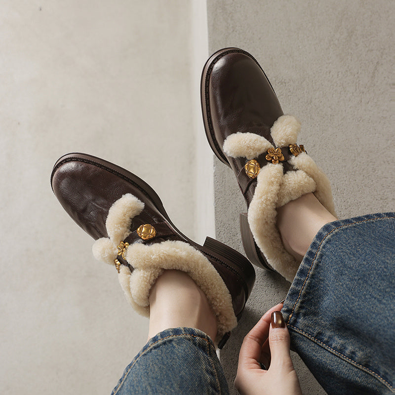 Fashion Shaggy Sheepskin Mary Jane Shoes with Metal Camellia Buckle in Black/Brown