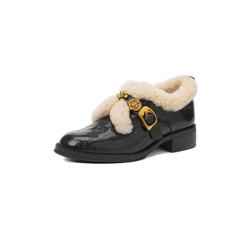 Fashion Shaggy Sheepskin Mary Jane Shoes with Metal Camellia Buckle in Black/Brown