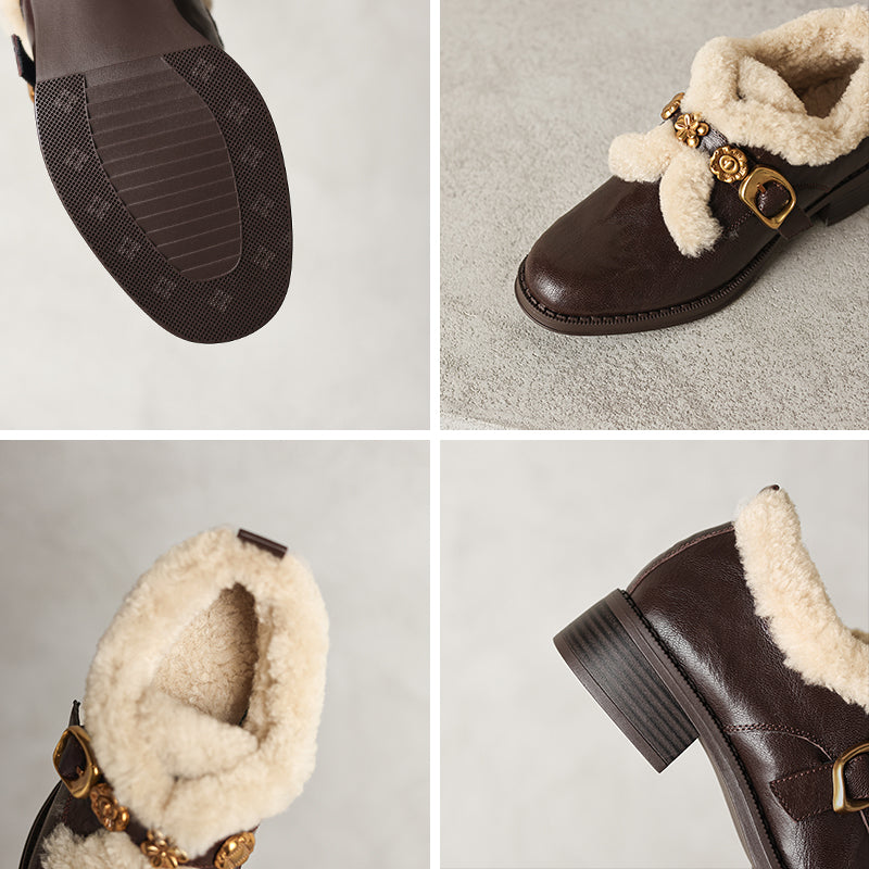 Fashion Shaggy Sheepskin Mary Jane Shoes with Metal Camellia Buckle in Black/Brown