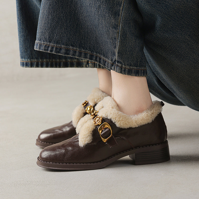 Fashion Shaggy Sheepskin Mary Jane Shoes with Metal Camellia Buckle in Black/Brown