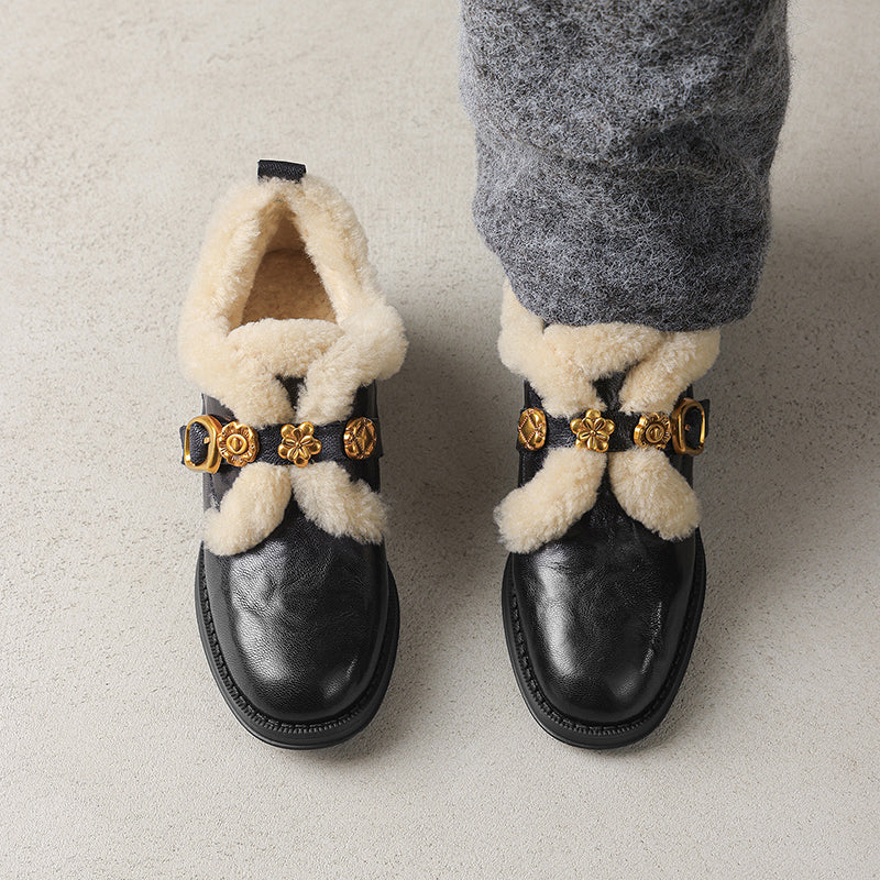 Fashion Shaggy Sheepskin Mary Jane Shoes with Metal Camellia Buckle in Black/Brown