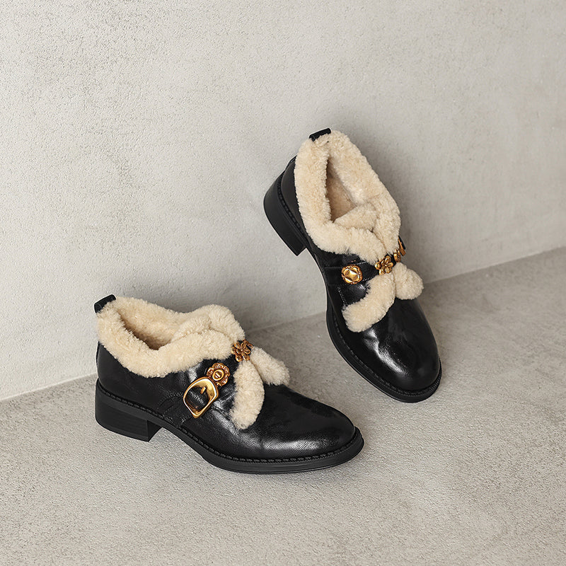 Fashion Shaggy Sheepskin Mary Jane Shoes with Metal Camellia Buckle in Black/Brown