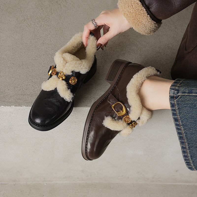 Fashion Shaggy Sheepskin Mary Jane Shoes with Metal Camellia Buckle in Black/Brown