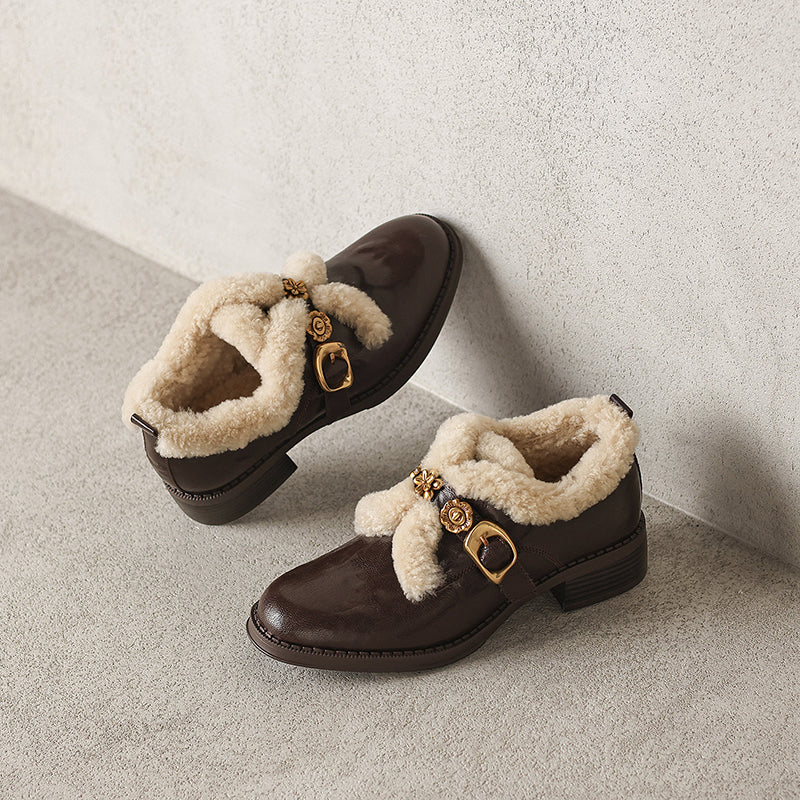 Fashion Shaggy Sheepskin Mary Jane Shoes with Metal Camellia Buckle in Black/Brown