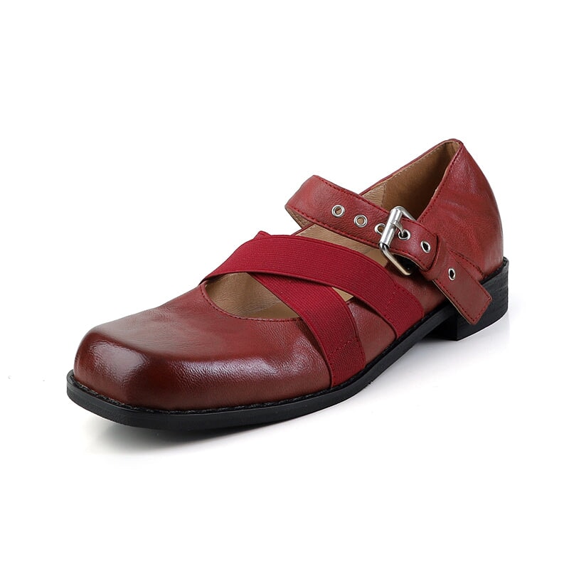 Fashion Square Toe Sheepskin Ballet Mary Jane Shoes Cross Strap Buckle Flats in Black/Lychee Red