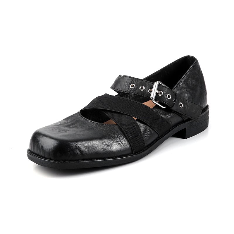 Fashion Square Toe Sheepskin Ballet Mary Jane Shoes Cross Strap Buckle Flats in Black/Lychee Red