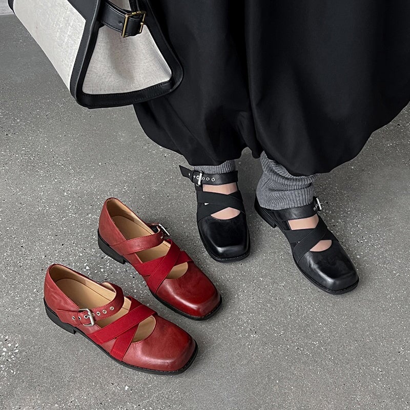 Fashion Square Toe Sheepskin Ballet Mary Jane Shoes Cross Strap Buckle Flats in Black/Lychee Red
