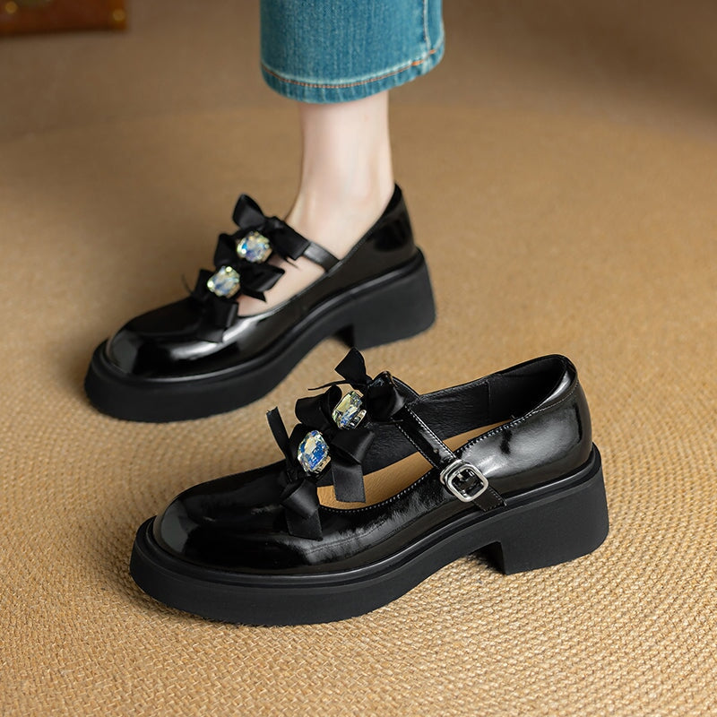 Fashion T-Strap Leather 55mm Heels Mary Jane Shoes with Rhinestone Bows in Apricot/Black