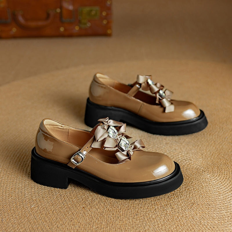 Fashion T-Strap Leather 55mm Heels Mary Jane Shoes with Rhinestone Bows in Apricot/Black
