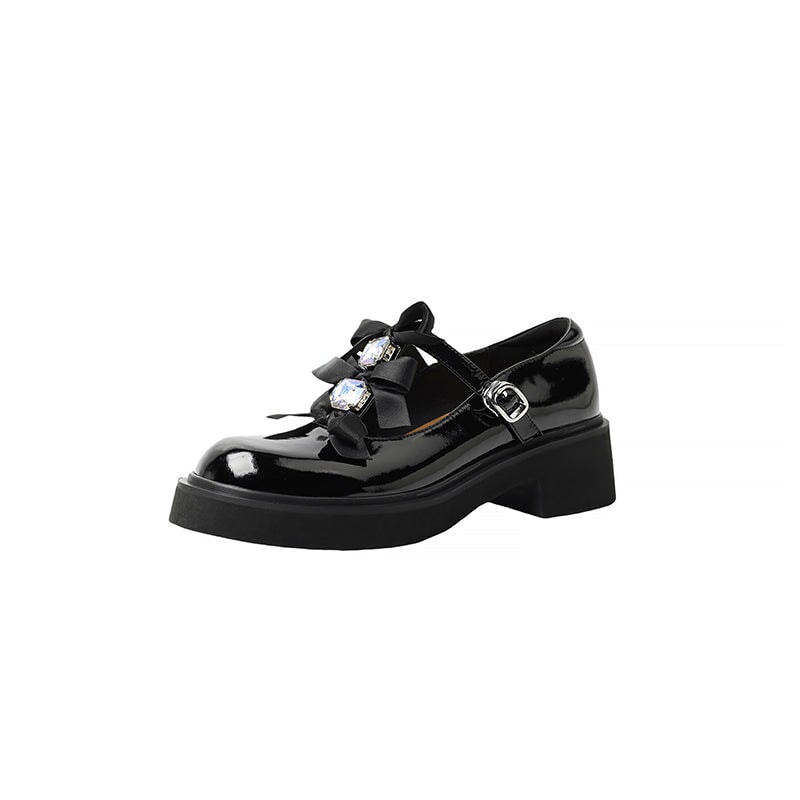 Fashion T-Strap Leather 55mm Heels Mary Jane Shoes with Rhinestone Bows in Apricot/Black