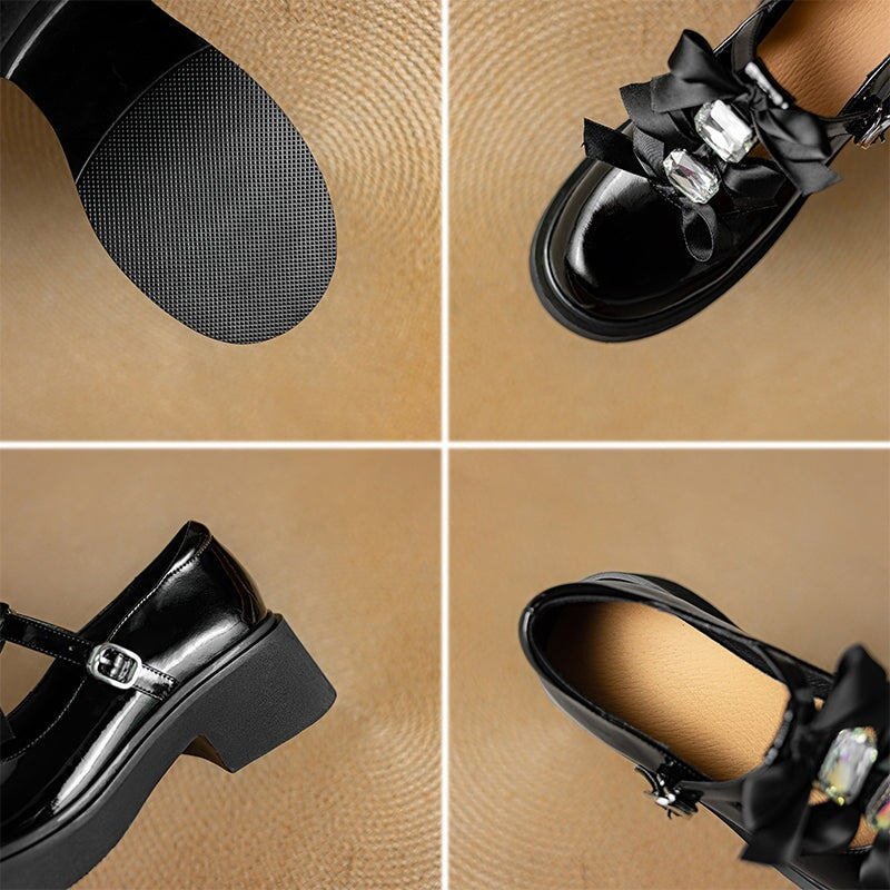 Fashion T-Strap Leather 55mm Heels Mary Jane Shoes with Rhinestone Bows in Apricot/Black